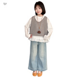 女童牛仔裤套装春秋2025新款花边长袖T恤马甲阔腿裤三件套中大童，童装休闲套装，祺儿童装