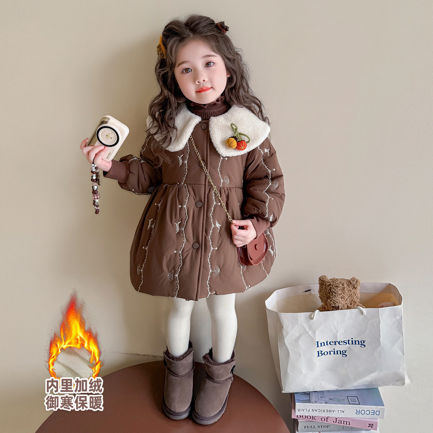 女童加绒棉衣冬季2025新款儿童韩版洋气加厚保暖时尚冬装翻领外套，童装棉衣，祺妙童装