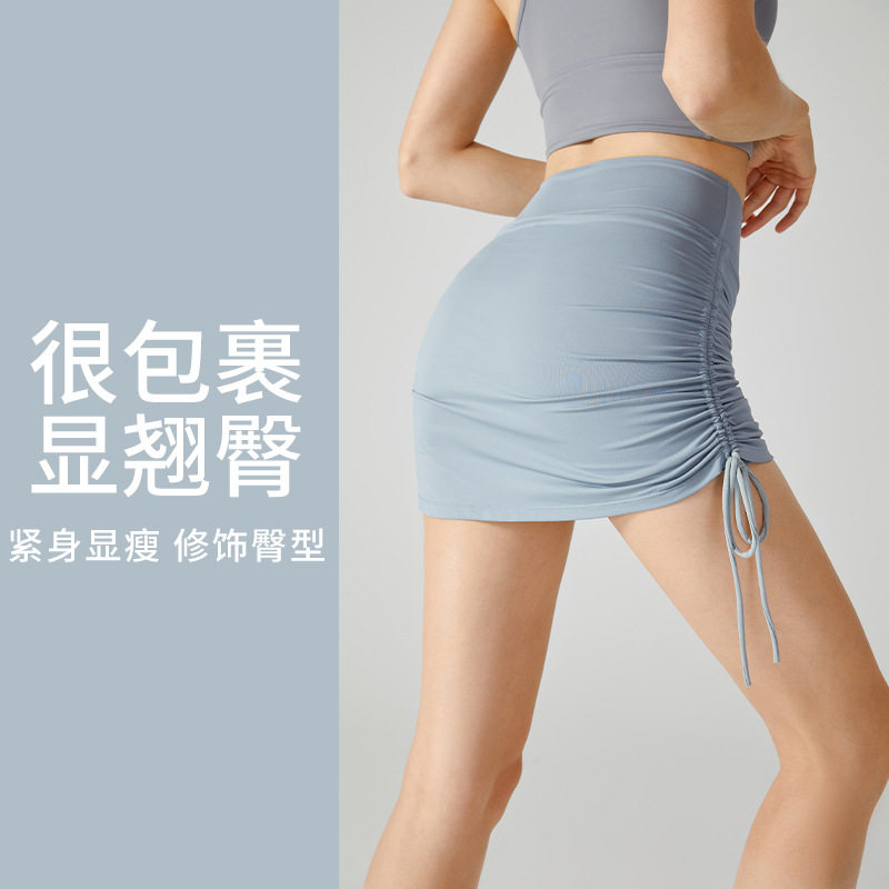 新春夏款欧美腰瑜伽裤抽绳绑带网红半身短裙女假两件防走光裙裤