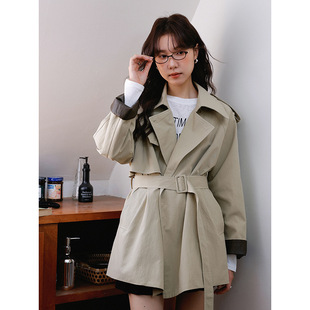 【长期主义拼皮风衣】歌铭英伦风外套女装秋季绑带收腰大衣N583C