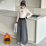 女童加绒卫裤2025年秋冬新款腰口撞色直筒裤中大童休闲阔腿裤长裤，童装裤子，祺儿童装