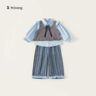邦选湖州织里童装女童套装荷叶边衬衫纯色背心格子裤儿童三件套