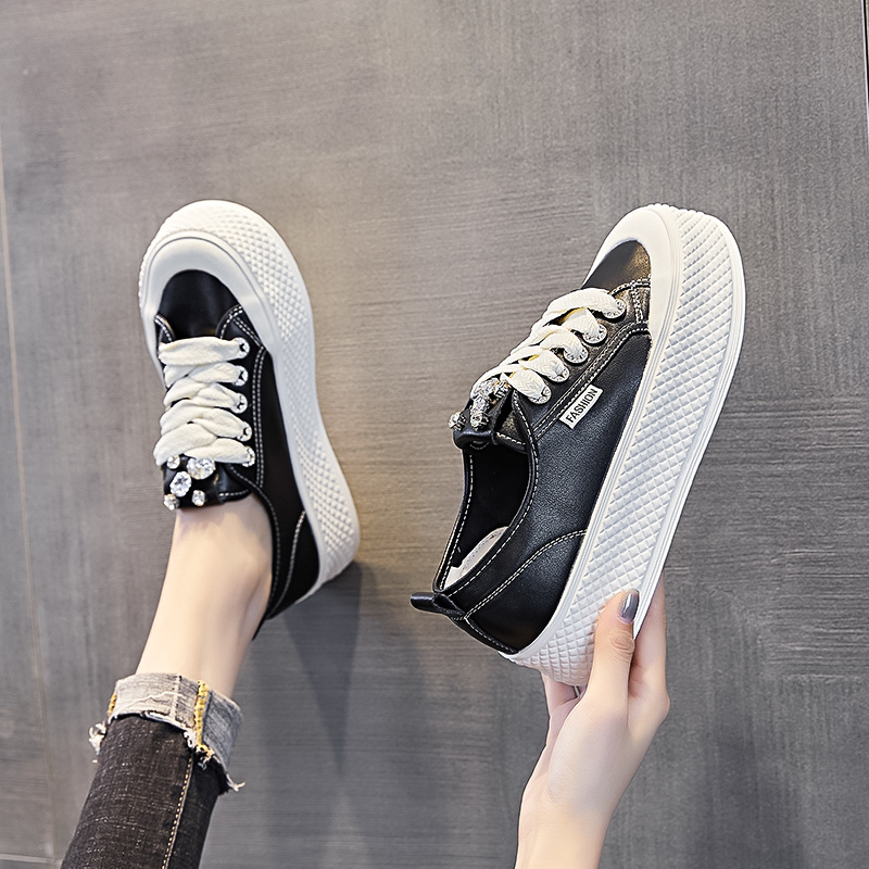 35-43大码秋季新款真皮小白鞋水钻厚底板鞋时尚百搭休闲鞋女鞋42