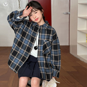 女童格子衬衫春秋装2025新款翻领外套中大童休闲外穿上衣儿童开衫，童装衬衫，祺儿童装
