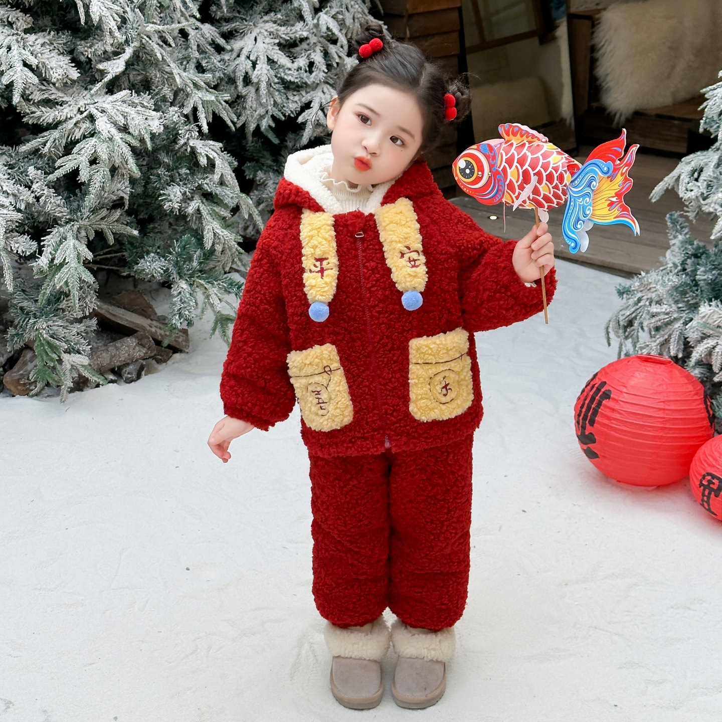 女童加绒拜年服套装冬季2026新款儿童新春表演服可爱过年衣服P129，童装休闲套装，祺妙童装
