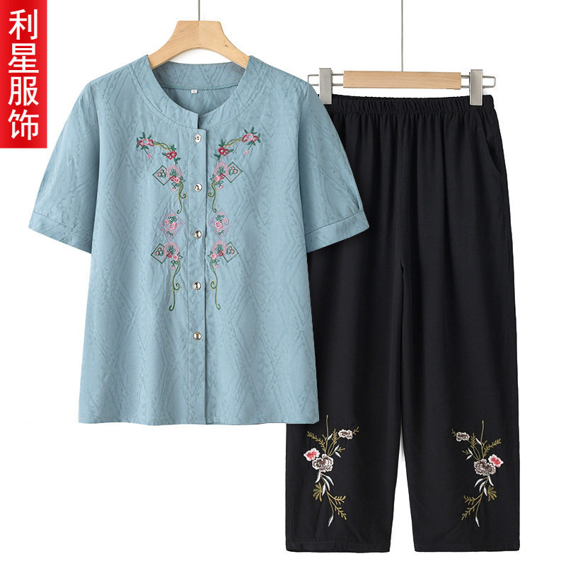 奶奶夏装短袖棉麻套装中老年人女装开衫唐装老人太太衣服妈妈衬衫