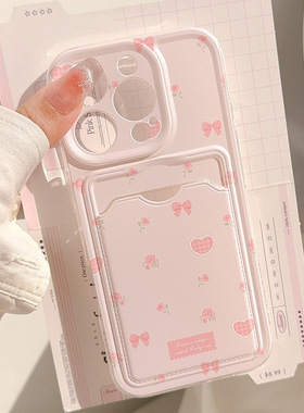 Pink rose bow card holder soft case适用iphone 11 12 13 14 15 16 17 pro max XR XS MAX 7 8 PLUS