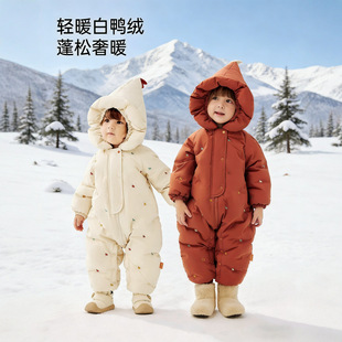 防风精灵帽婴儿羽绒连体衣冬季加厚小月龄白鸭绒羽绒外出爬服