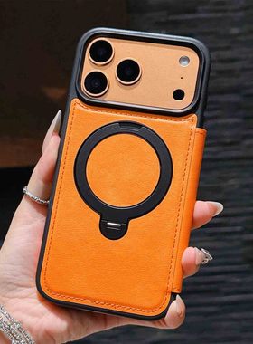 适用iPhone17Air复古纹商务手机壳16ProMax磁吸旋转支架皮套i14防摔壳苹果15/13/12/11防盗刷FRID插卡保护套