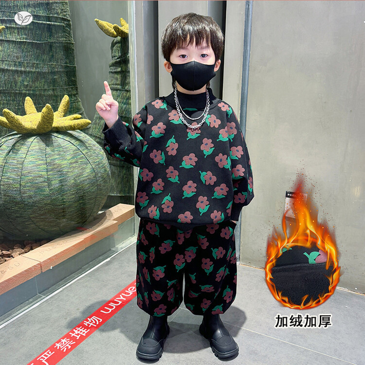 童花朵加绒套装秋冬装儿童加厚卫衣两件套中小童休闲童装潮孩，童装休闲套装，祺儿童装