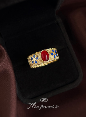 法式复古宽面几何圆形常规尺寸戒指电镀14K花纹民族食指戒指环女