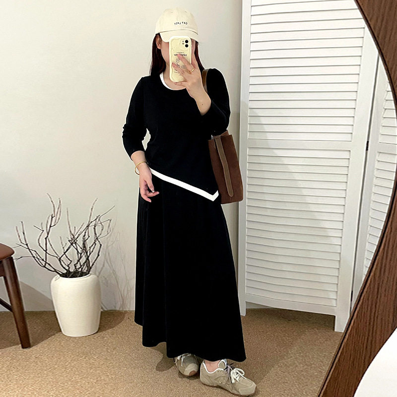 乃粒NT1268大码女装假两件上衣半裙套装2026秋胖mm显瘦休闲两件套