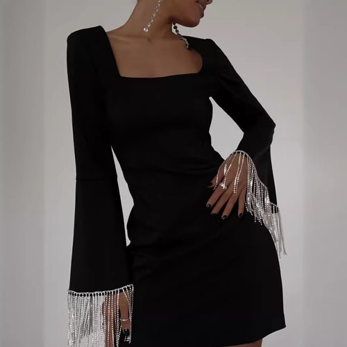 Tassel Fashion Back Hollow Horn Sleeve Medium Black Dress