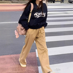 mocobling现H25夏款韩国东大门纯色百搭直筒宽松纯棉松紧腰休闲裤