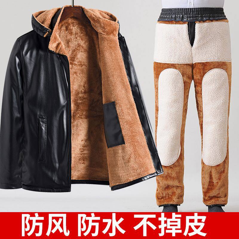皮衣皮裤套装男式骑行防风加绒加厚防风防水保暖摩托车外卖服皮衣