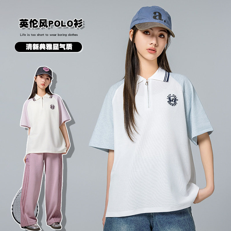 初中高中生polo衫2026夏季新款女大童英伦风撞色短袖休闲宽松上衣
