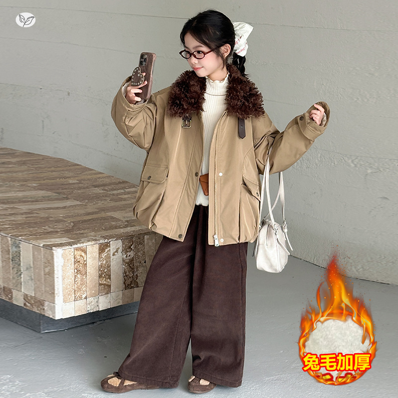 女童2025年冬季新款潮酷卷毛领派克服女大童户外工装加绒加厚棉服，童装棉衣，祺儿童装