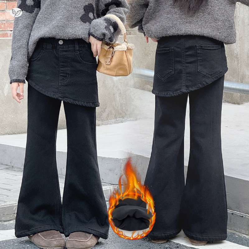 女童加绒屁帘牛仔裤2025年秋冬新款中大童时尚微喇裤修身长裤休闲，童装裤子，祺儿童装