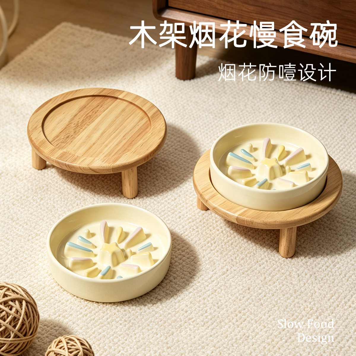 花朵陶瓷猫狗碗缓食慢食防噎狗食盆防止黑下巴木架猫咪慢食碗