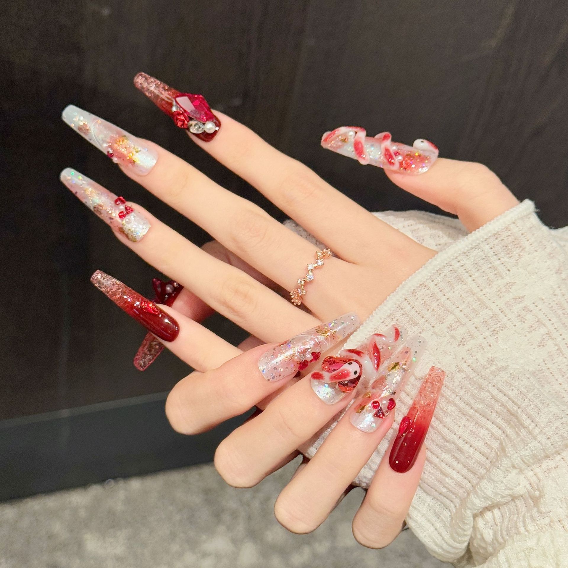 灵蛇绯梦渐变立体蛇纹玫瑰假指甲欧美穿戴甲手工美甲