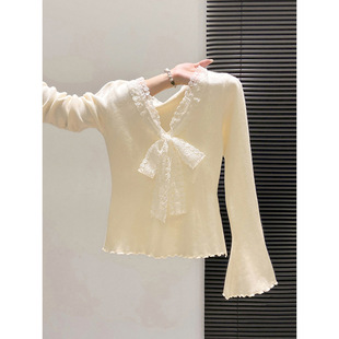 纯欲蕾丝V领蝴蝶结系带针织毛衣女春装秋冬修身内搭长袖打底上衣