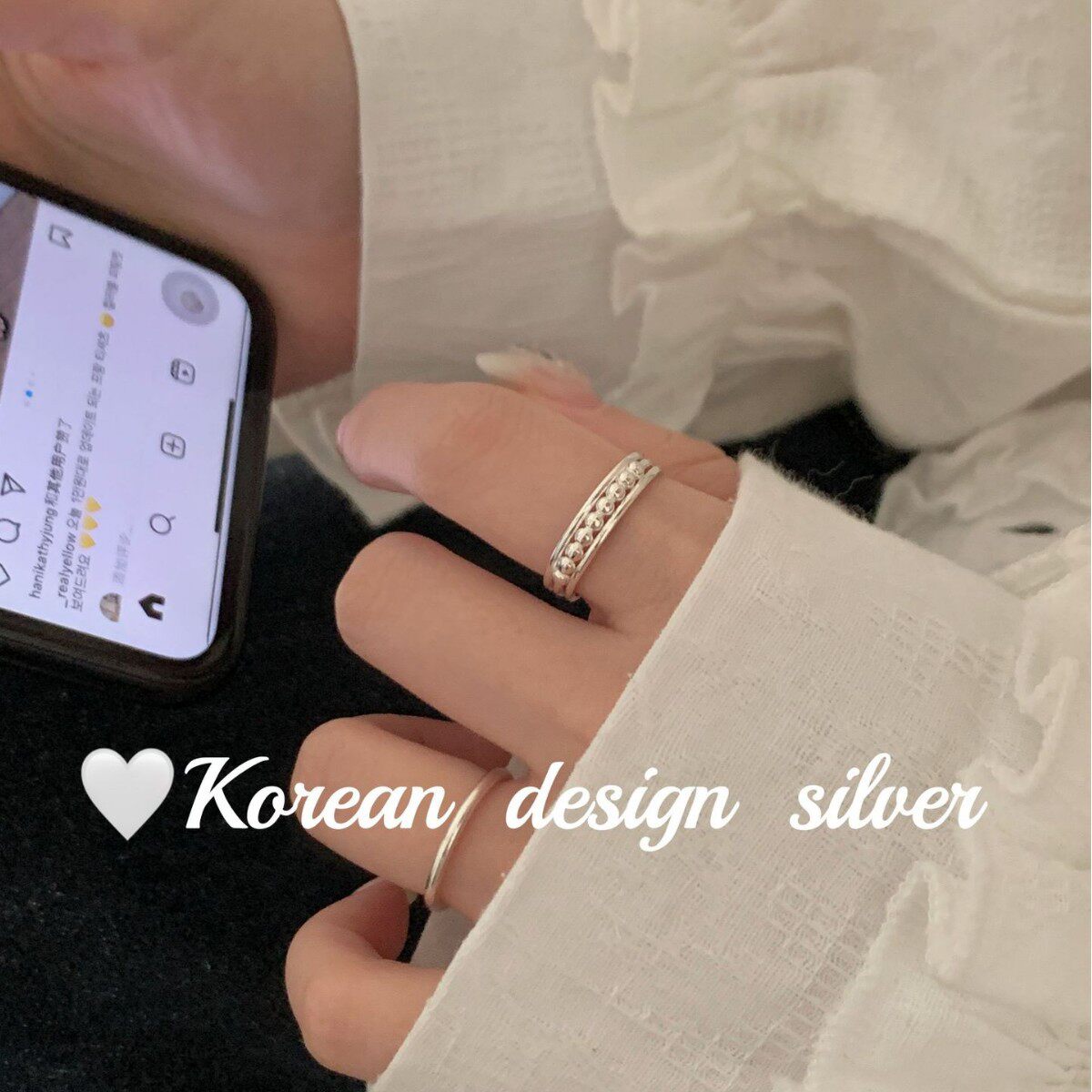 韩国ins博主同款银饰品 S925纯银简约三层光珠拼接戒指小众设计女