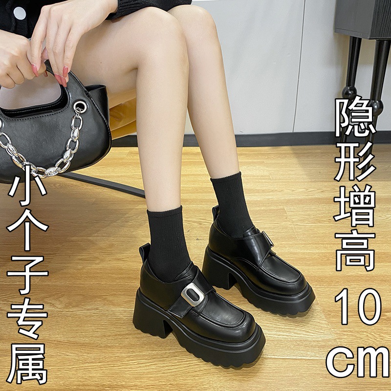 2024新款春季粗跟松糕厚底乐福鞋女小个子魔术贴小皮鞋内增高鞋