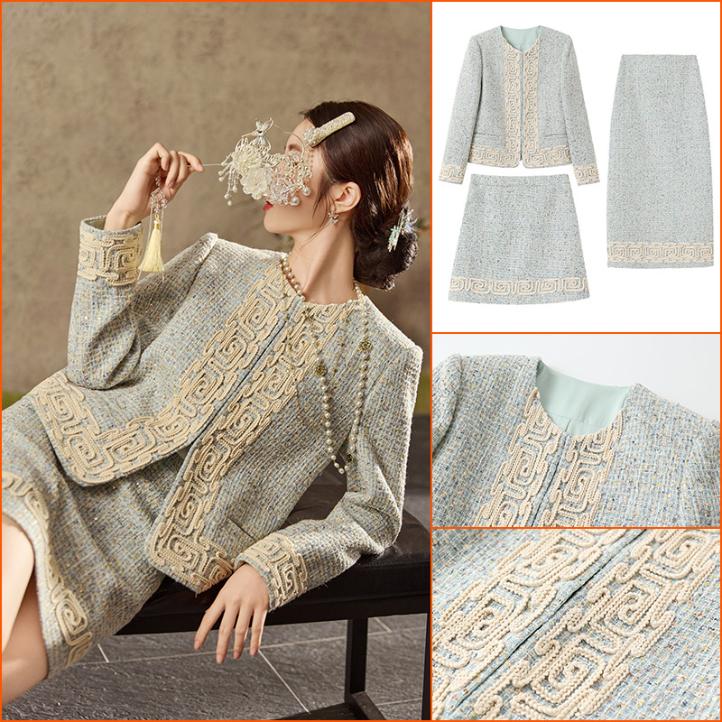 时尚轻奢小香风套装女秋季时尚级感回字纹短外套半身裙 N9022