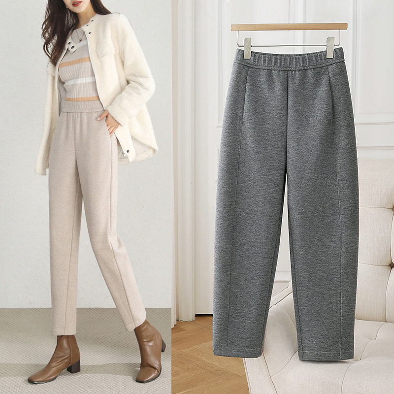 女款毛呢哈伦裤秋冬季加厚小个子九分软糯蚕丝羊毛档质感香蕉卫裤