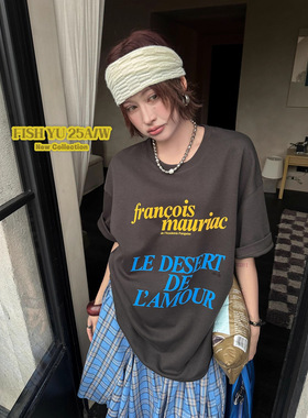 正品现货FISHYU冬季新款美式复古字母立体印花磨毛圆领短袖t恤女