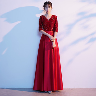 大合唱团服装女长裙主持人亮片酒红礼服唱红歌演出服端庄大气队服