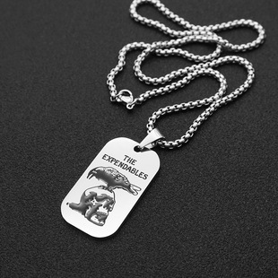 跨境朋克摇滚敢死队标志潮吊坠滴油黑色乌鸦骷髅头方牌钛钢项链