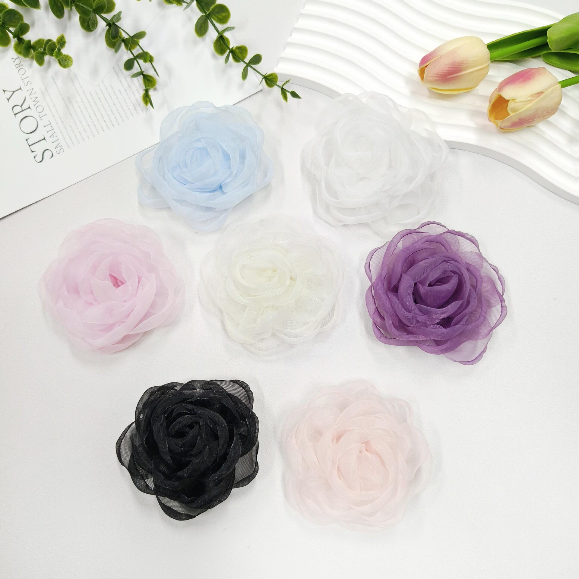 立体欧根纱花朵布贴山茶花饰品