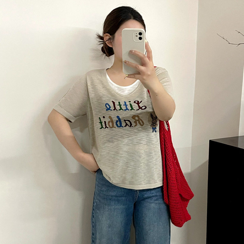 23970大码女装撞色假两件上衣女u领提花针织衫2026夏胖mm短袖t恤