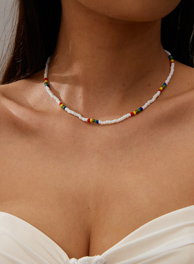 跨境项链夏季女级感波西米亚风米珠串珠短款撞色米珠卡脖链项链