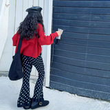 女童2025秋冬新款新年红拉链毛线衣圆点毛线喇叭裤女大童复古穿搭，童装毛衣，祺儿童装