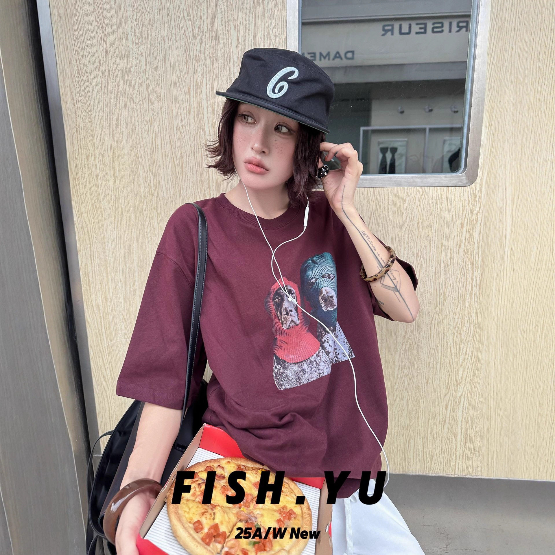FISHYU 早秋新款美式复古趣味戴帽小狗潮牌磨毛宽松圆领短袖t恤女