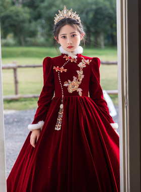 26儿童礼服春秋季加绒加厚红色端公主裙女童主持人钢琴演奏演出服