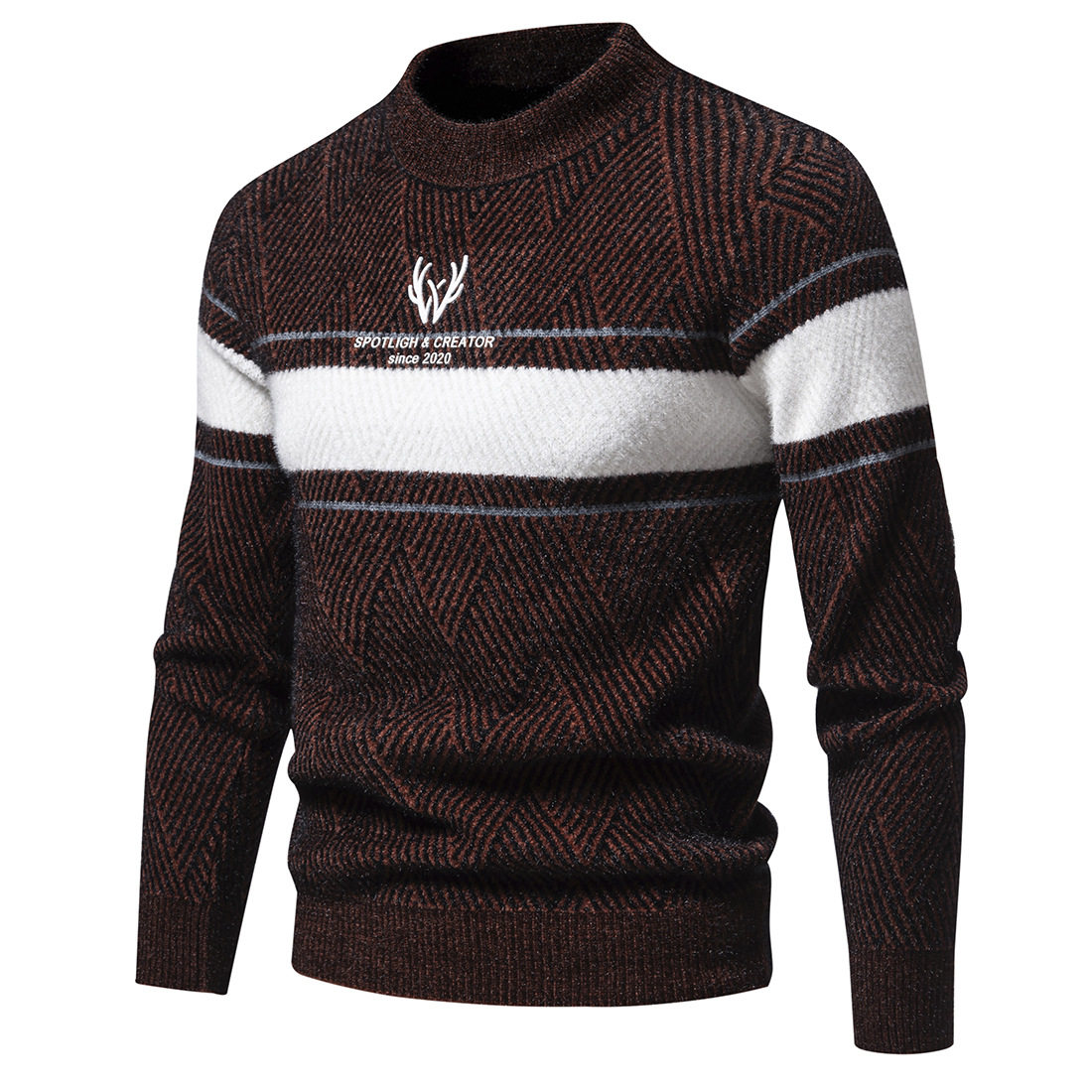 Autumn and Winter New Men's Color Block Bottom Shirt Round Neck Casual Knitwear Pullover Sweater 1812-YM151-P55_voghion.com