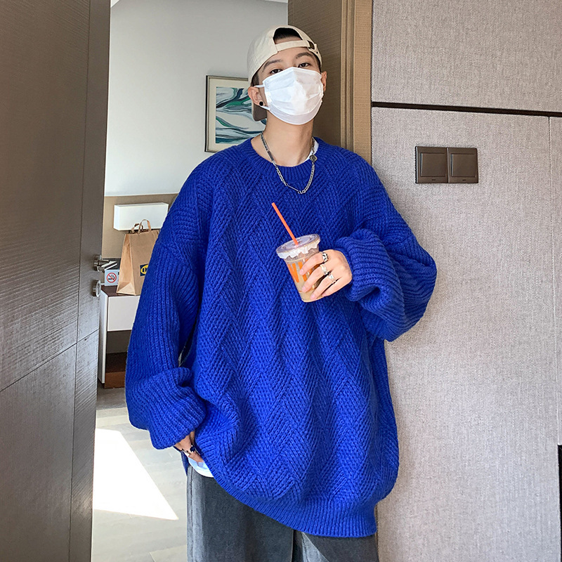 蓝色粗棒针毛衣秋冬新款简约日系慵懒设计感复古粗线针织外套