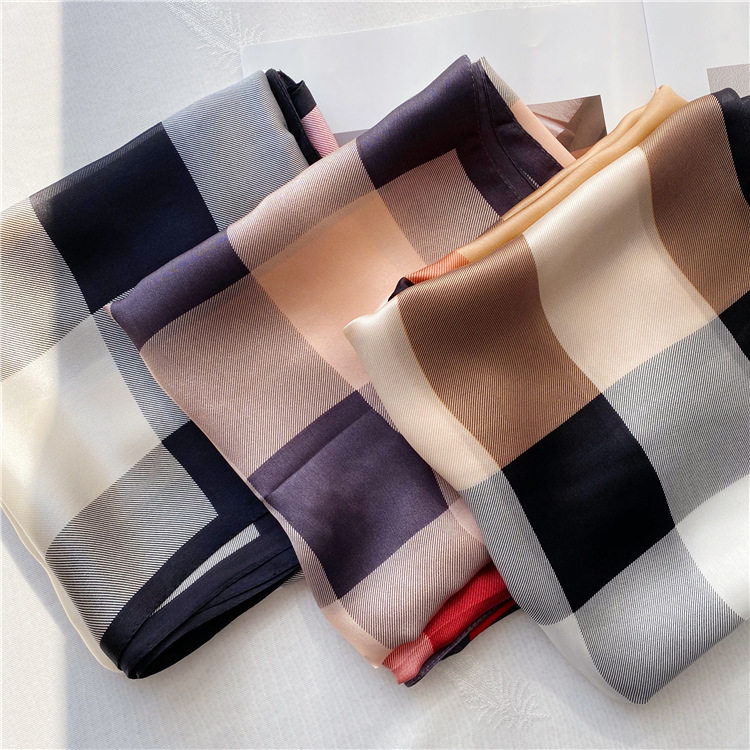 优雅真丝格子丝巾春夏季桑蚕丝围巾防晒披肩女士长巾女生生日礼物