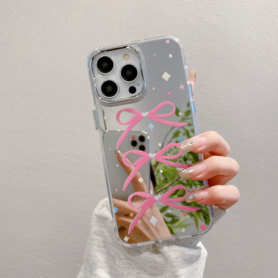 mirror Cartoon pink bowknot pc case适用iphone 11 12 13 14 15 16 plus 17 pro max