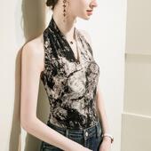 网纱挂脖拉丁舞吊带上衣印花无袖 背心洋气舞蹈打底衣国标摩登舞服