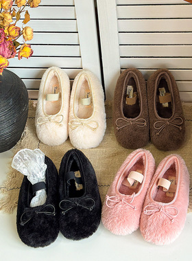 韩版童鞋2025女童冬季新款蝴蝶结公主毛毛鞋儿童加绒棉鞋豆豆鞋