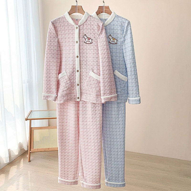 刺绣长袖长裤女士家居服套装