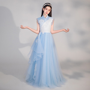 儿童民乐演出服2024新款浅蓝色新中式走秀礼服裙小女孩国风古筝服