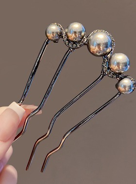 珍珠u型发簪级感枪黑色插梳发钗古风新中式簪子盘发钗神器头饰