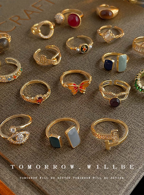 开口复古时尚滴油戒指女轻奢小众设计感锆石食指戒百搭中古指环