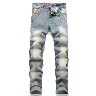 复古蓝男式牛仔裤后袋刺绣字母修身小脚裤中腰外贸潮流休闲裤微弹