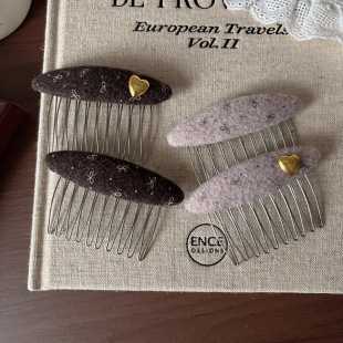 秋冬布艺碎花毛呢梳齿发梳椭圆气质百搭少女发梳插梳盘发头饰 韩版